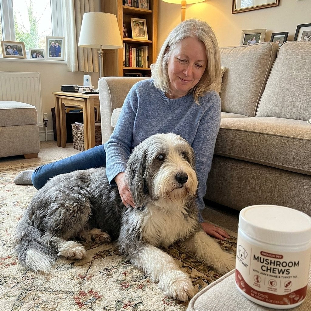 Lifestyle photo — woman 55-65 sitting on a living room rug beside a senior Bearded Collie, one hand resting on his shoul