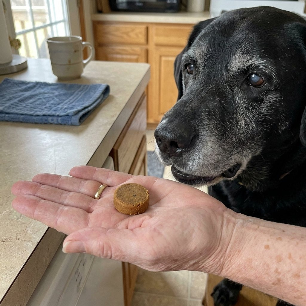 Photo — a soft chew held out on a flat palm at kitchen-counter height, senior black Labrador leaning in to tak