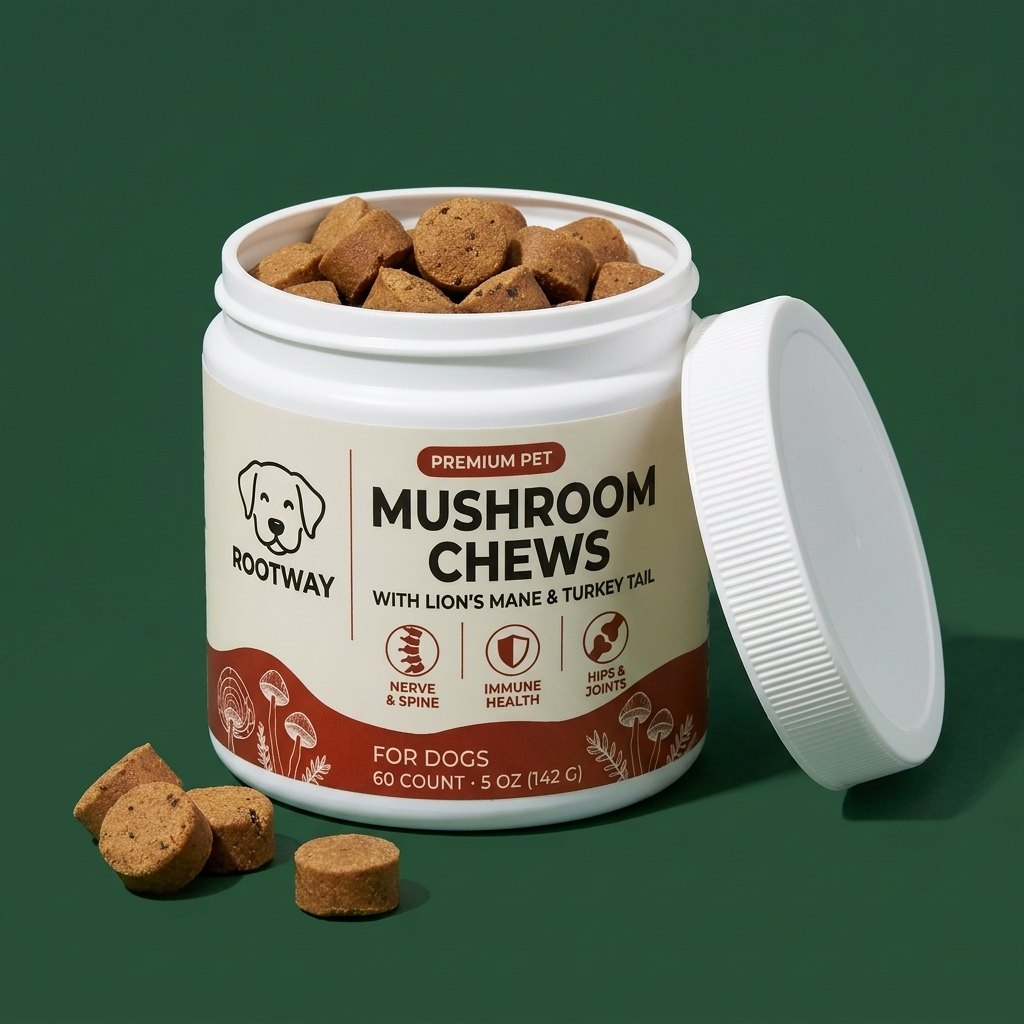 Product shot on a flat forest-green background — Rootway tub, lid off, a few soft chews fallen at the base.