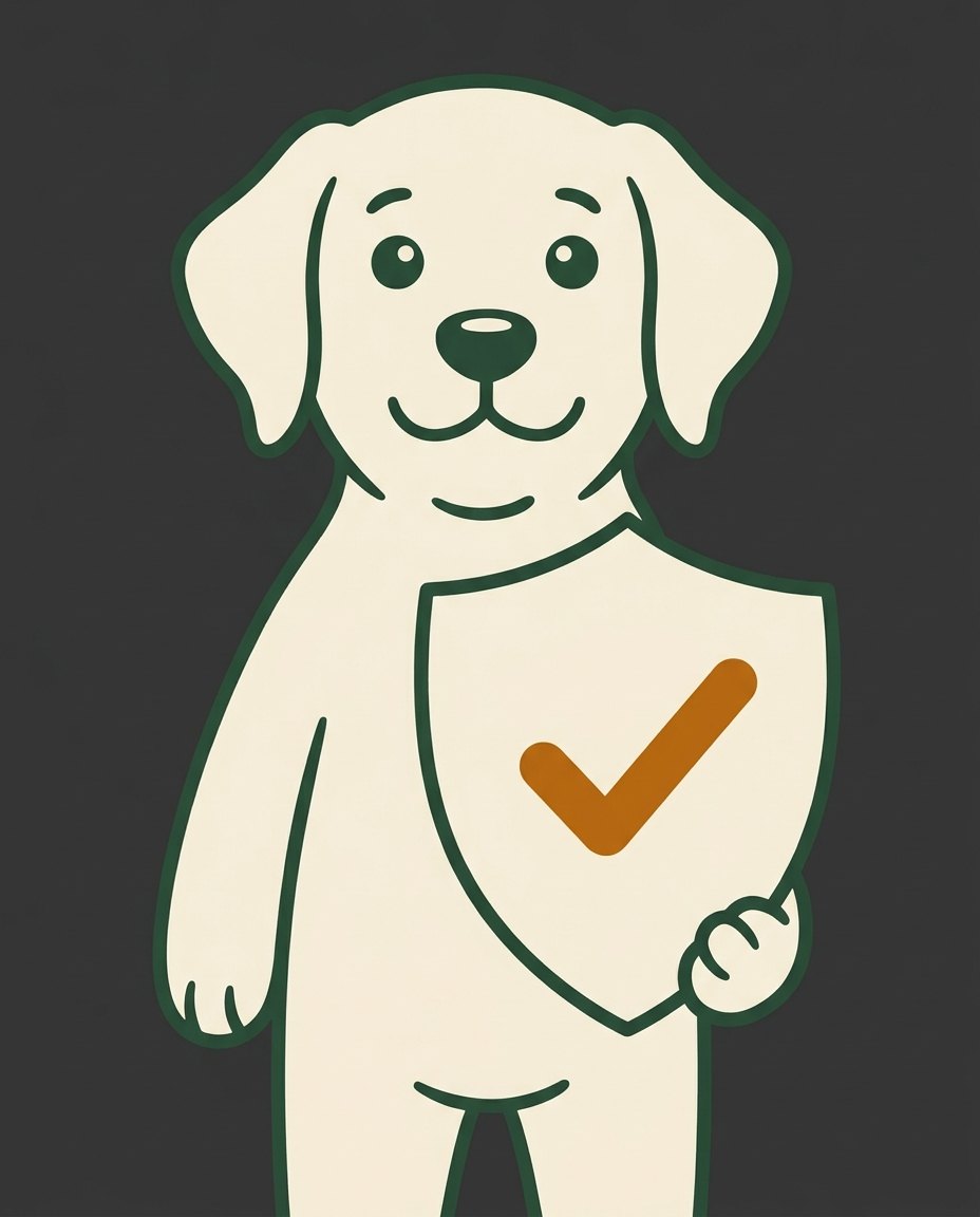 Mascot illustration — cartoon dog holding a shield with a check mark.